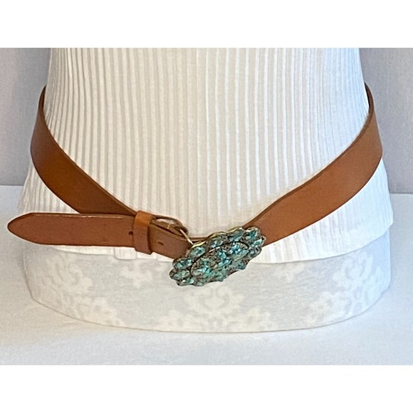 Coldwater Creek Womens Leather Belt Med Turquoise Chips Medallion Brass Buckle main image 7
